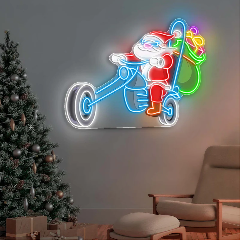 Motorlu Noel Baba Yeni Yıl Çalışması Yılbaşı Neon Led Gece Lambası