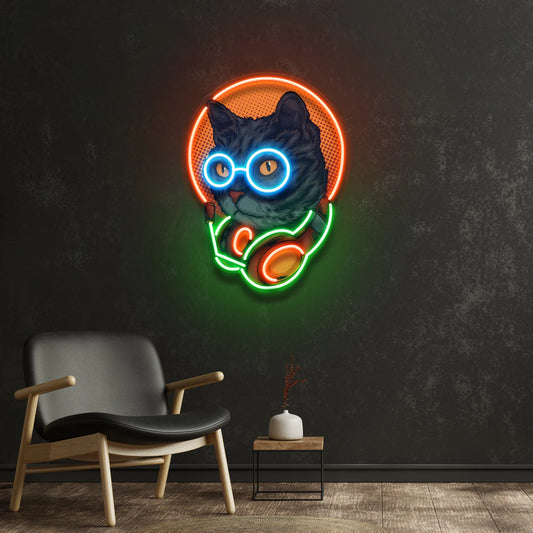 Kulaklık Takan Kedi Konsepti Neon Led Gece Lambası