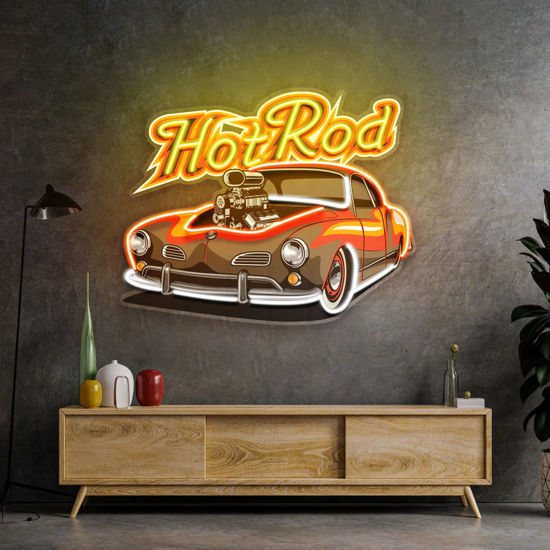 Hotrod Nostalji Araba Modifiyeli Ateş Konsepti Neon Led Gece Lambası