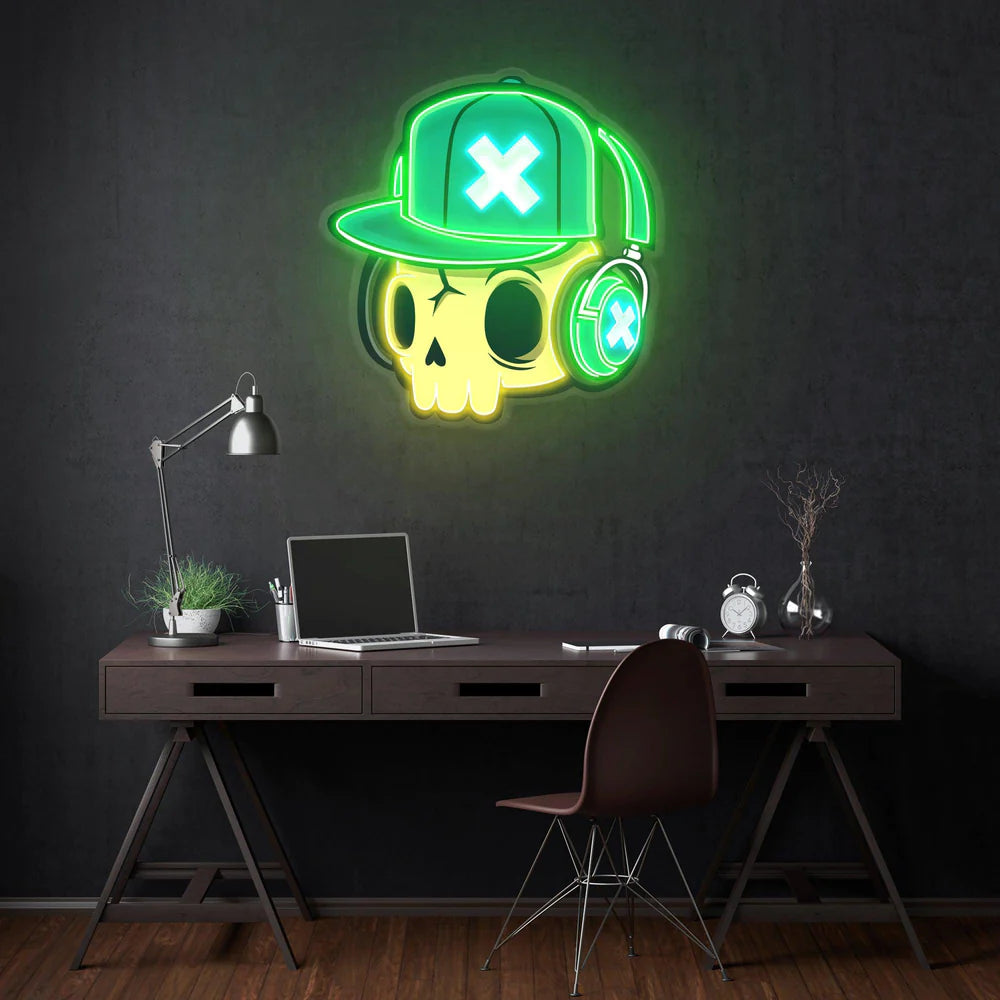 Kulaklık Takan Kuru Kafa Skull Neon Led Gece Lambası