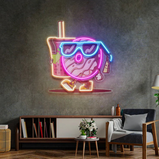 Bir Çay Fincanı Tutan Havalı Donut Neon Led Gece Lambası