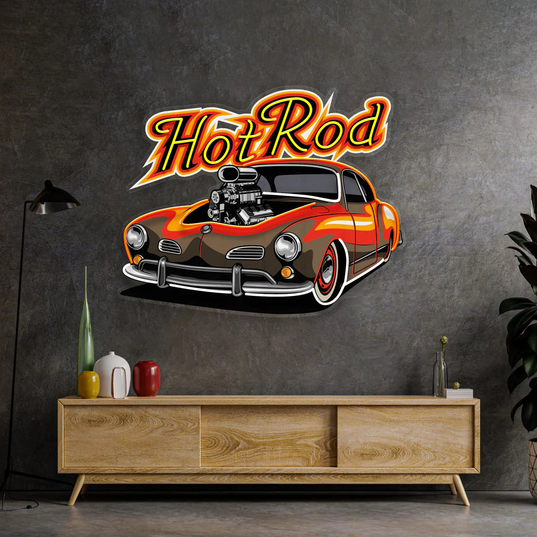 Hotrod Nostalji Araba Modifiyeli Ateş Konsepti Neon Led Gece Lambası